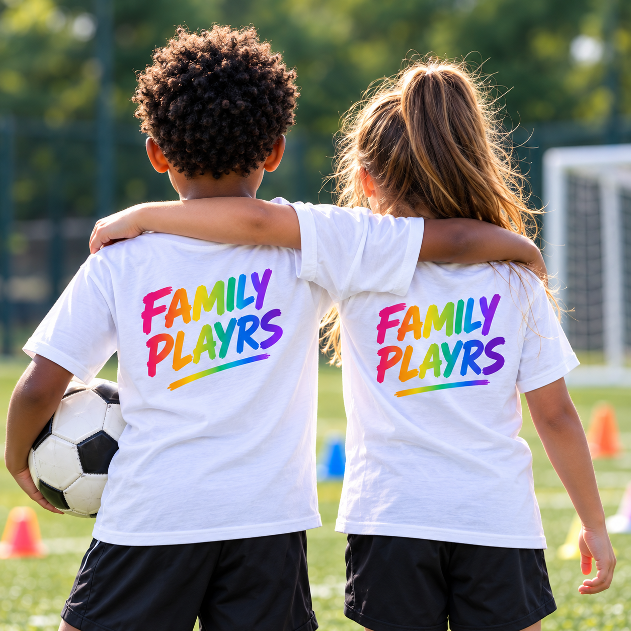 Two siblings in Family PLAYRS kits on the football pitch