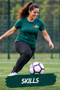Woman in teal DRIBLR shirt dribbling football — Skills
