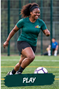 Woman in teal DRIBLR shirt kicking football — Fitness