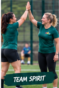 Two women in teal DRIBLR shirts high-fiving — Team Spirit