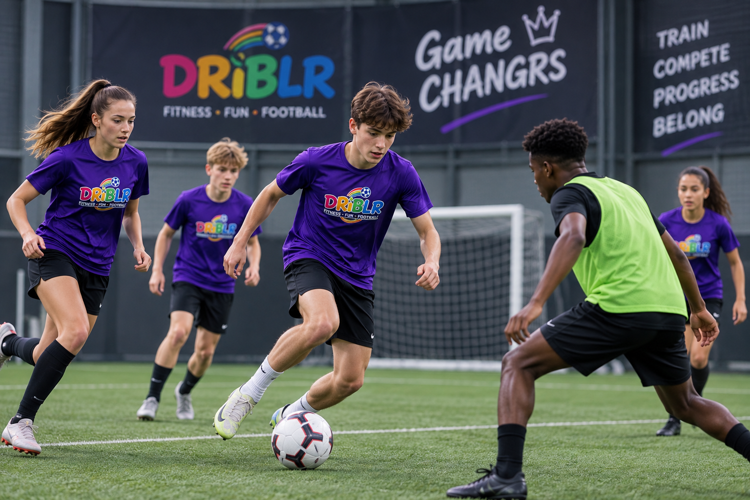Teenagers in purple DRIBLR shirts competing in match play at Game CHANGRS